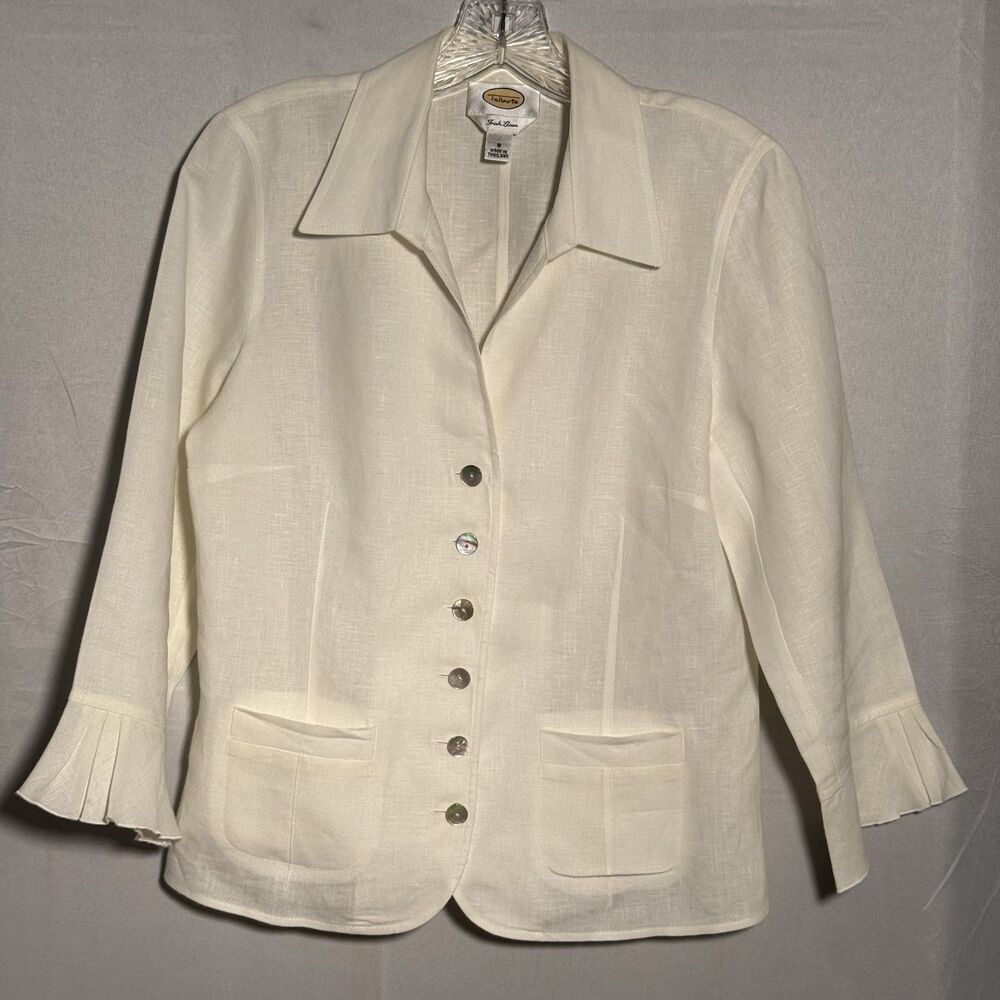 Talbots Irish Linen 100% Linen Blouse Size 8 Ivory Button Front Pleated Sleeve